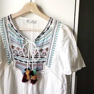 Zara boho embroidered short sleeve tassel mini dress/tunic